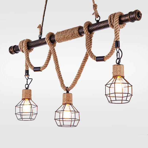 Vintage Hemp Rope 3-Light Cage Shade Chandeliers