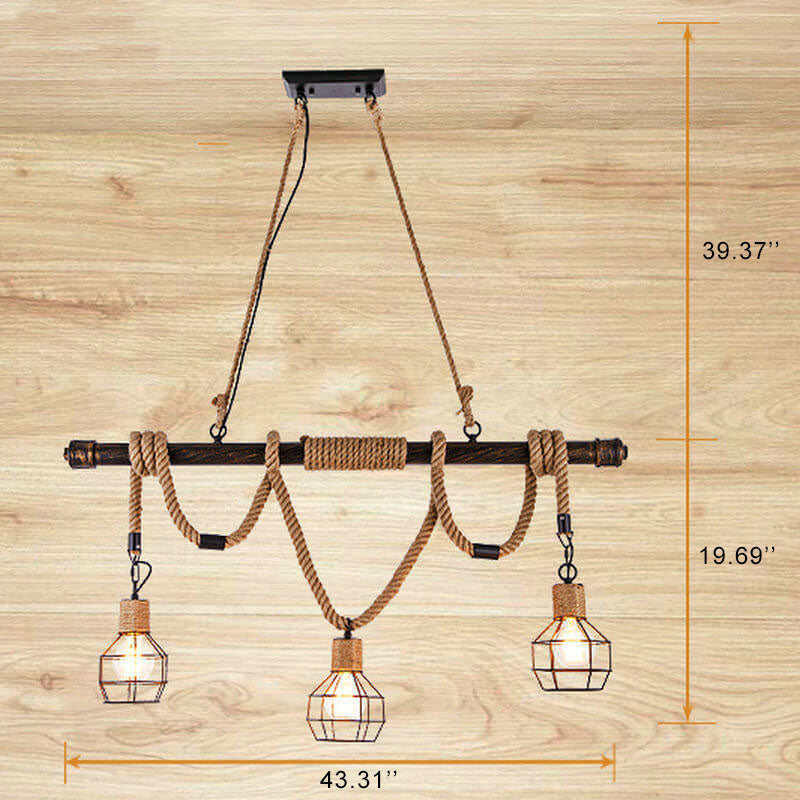 Vintage Hanfseil 3-Licht Cage Shade Kronleuchter 