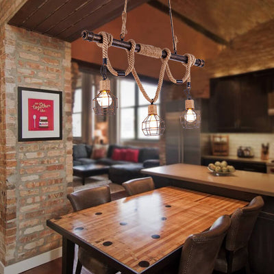Vintage Hemp Rope 3-Light Cage Shade Chandeliers