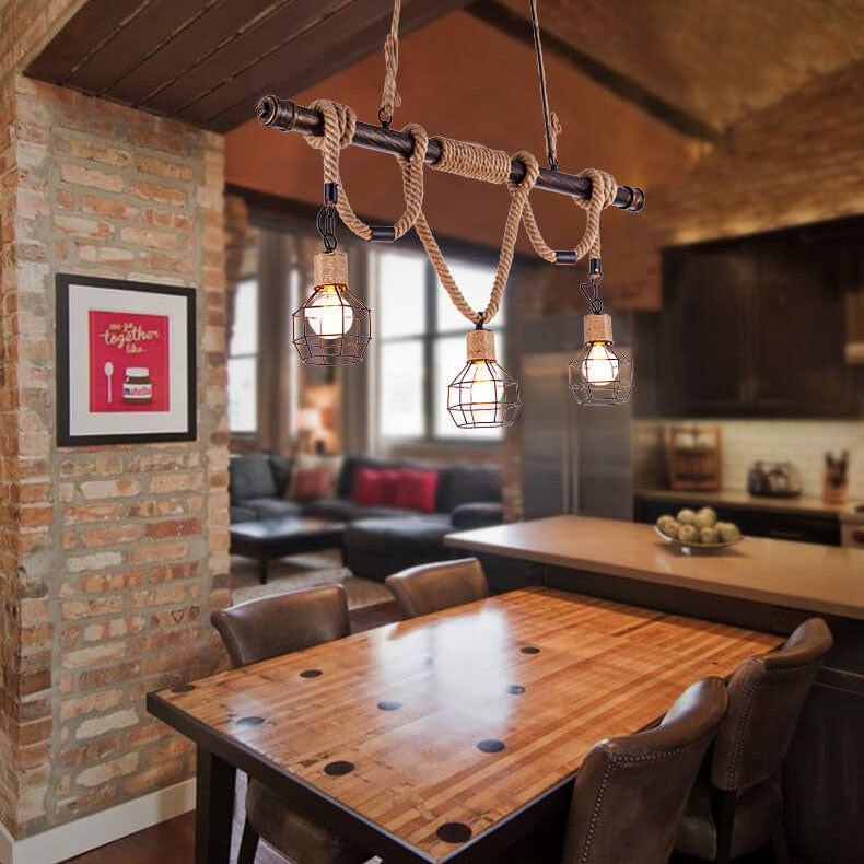 Vintage Hemp Rope 3-Light Cage Shade Chandeliers