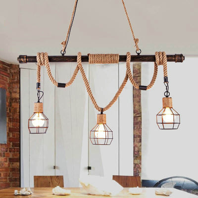 Vintage Hemp Rope 3-Light Cage Shade Chandeliers