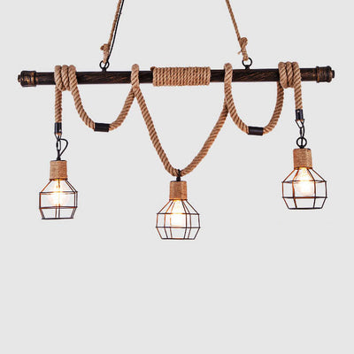 Vintage Hemp Rope 3-Light Cage Shade Chandeliers
