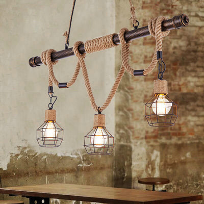 Vintage Hemp Rope 3-Light Cage Shade Chandeliers