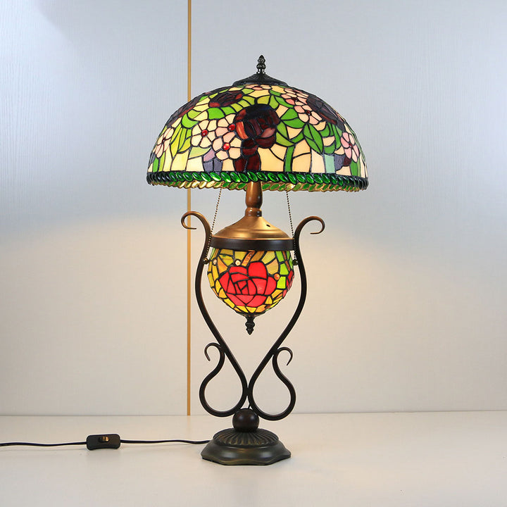 Traditional Tiffany Floral Stained Glass Iron Resin Round Pot 3-Light Table Lamp For Bedroom