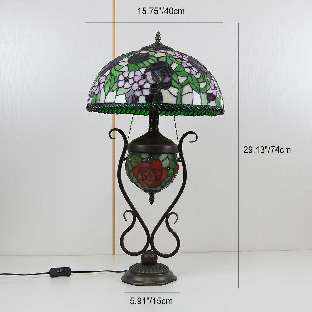 Traditional Tiffany Floral Stained Glass Iron Resin Round Pot 3-Light Table Lamp For Bedroom