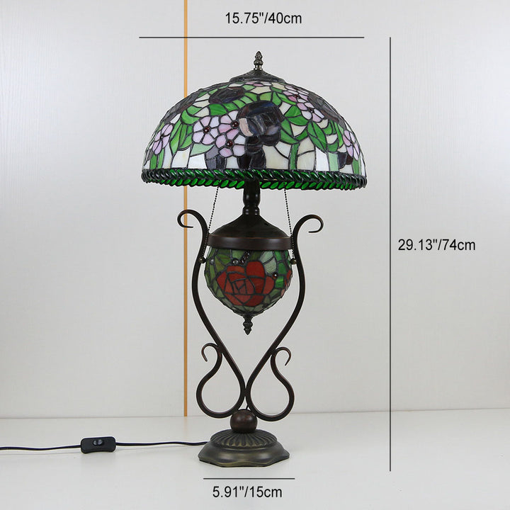 Traditional Tiffany Floral Stained Glass Iron Resin Round Pot 3-Light Table Lamp For Bedroom