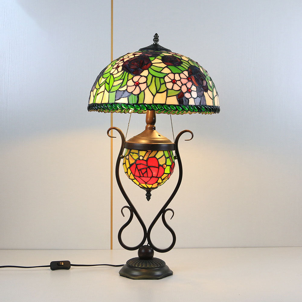 Traditional Tiffany Floral Stained Glass Iron Resin Round Pot 3-Light Table Lamp For Bedroom