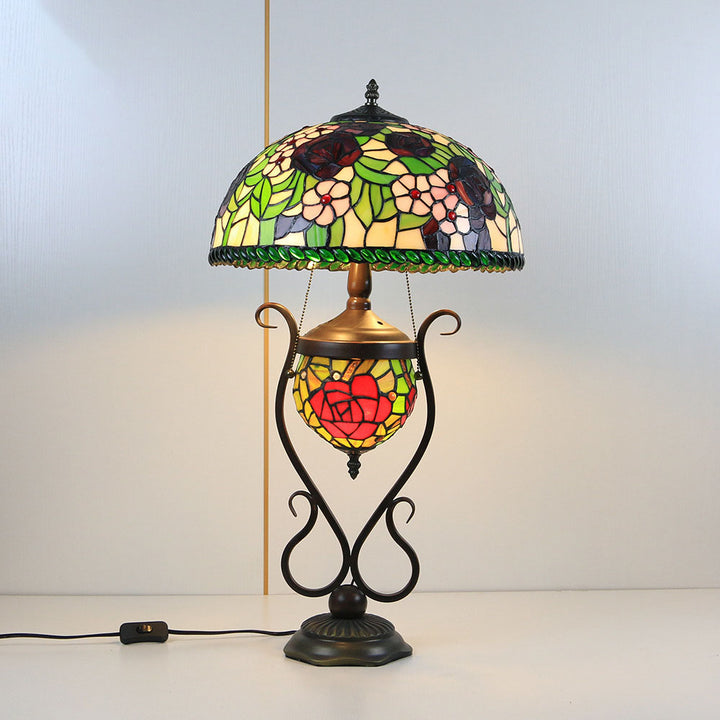 Traditional Tiffany Floral Stained Glass Iron Resin Round Pot 3-Light Table Lamp For Bedroom