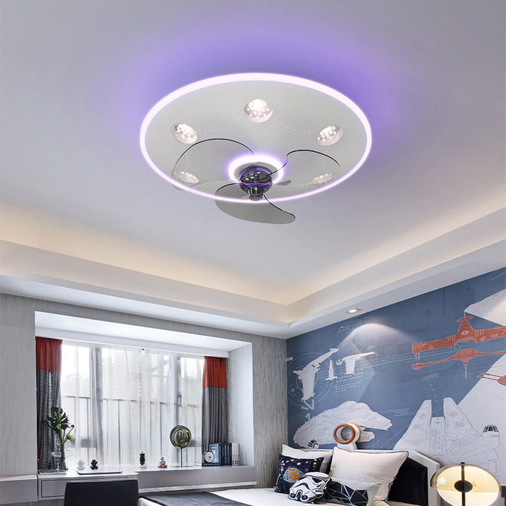 Moderne créatif dessin animé OVNI soucoupe volante rond fer acrylique LED enfants plafonnier ventilateur lumière 