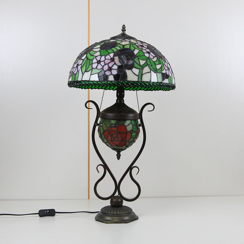 Traditional Tiffany Floral Stained Glass Iron Resin Round Pot 3-Light Table Lamp For Bedroom