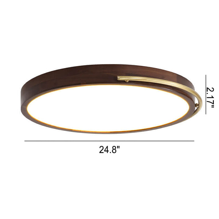 Modern Chinese Walnut Round Copper Ring LED Flush Mount Ceiling Light
