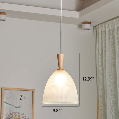 Modern Minimalist Textured Dome Glass Wood  Handle 1-Light Pendant Light