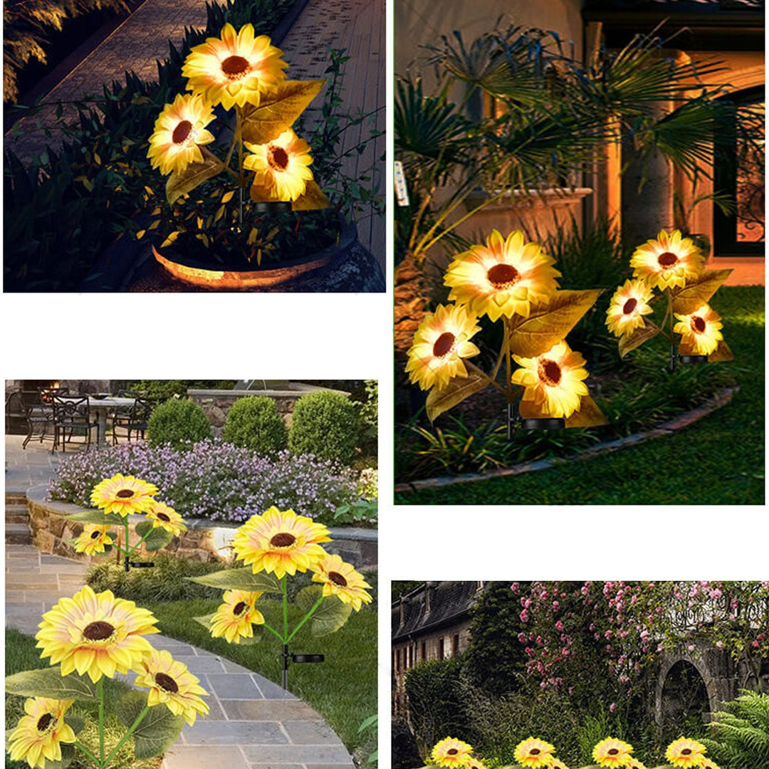 Luz de paisaje para jardín al aire libre con LED de 3 cabezas Solar Sunflower 