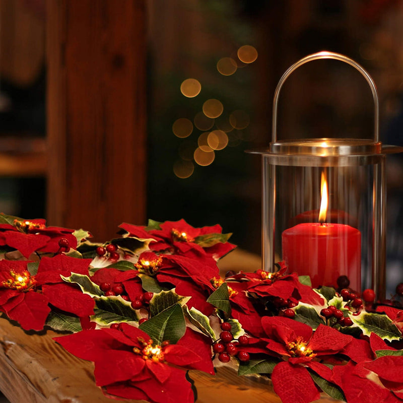 Guirlande lumineuse LED fleur rouge de Noël en faux velours avec fruits 