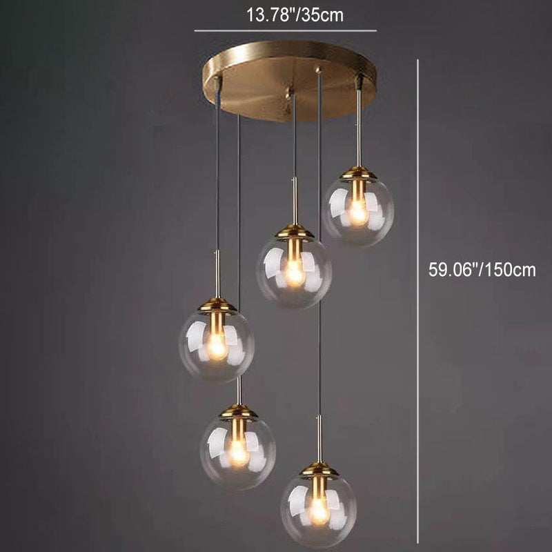 Contemporary Nordic Copper Spherical Glass Shade 1/3/5-Light Island Light Chandelier For Dining Room