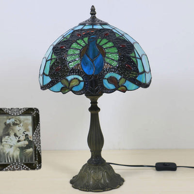 European Tiffany Green Peacock Stained Glass 1-Light Table Lamp