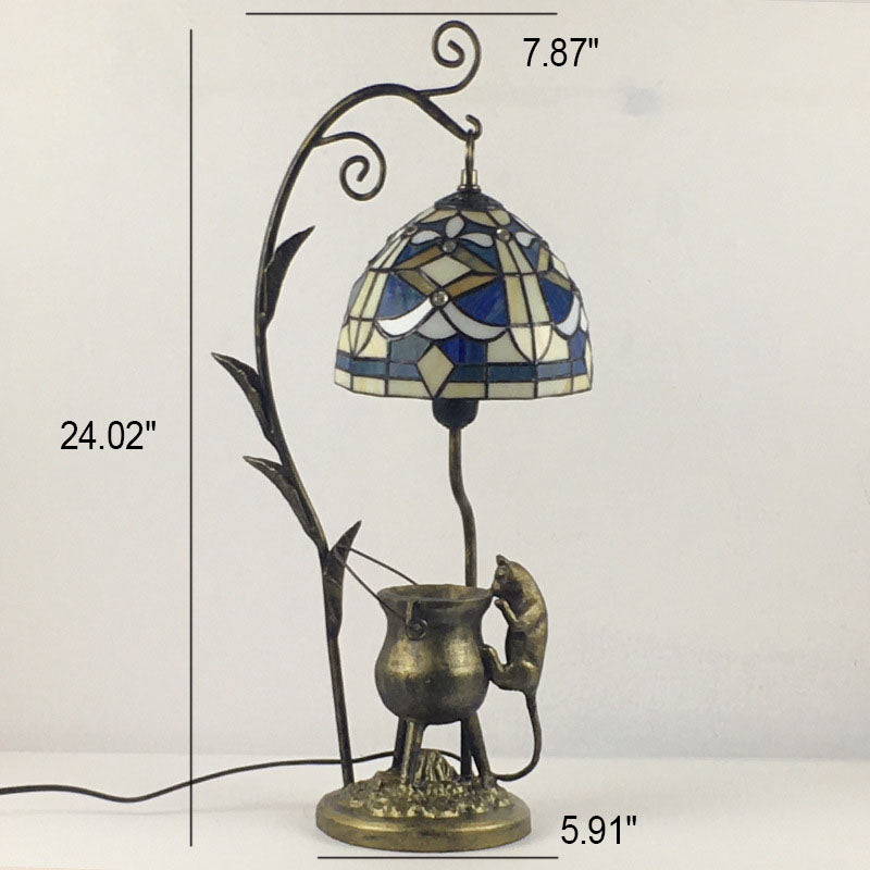 Lampe de table vintage à 1 lumière avec base de souris en vitrail Tiffany Dome 