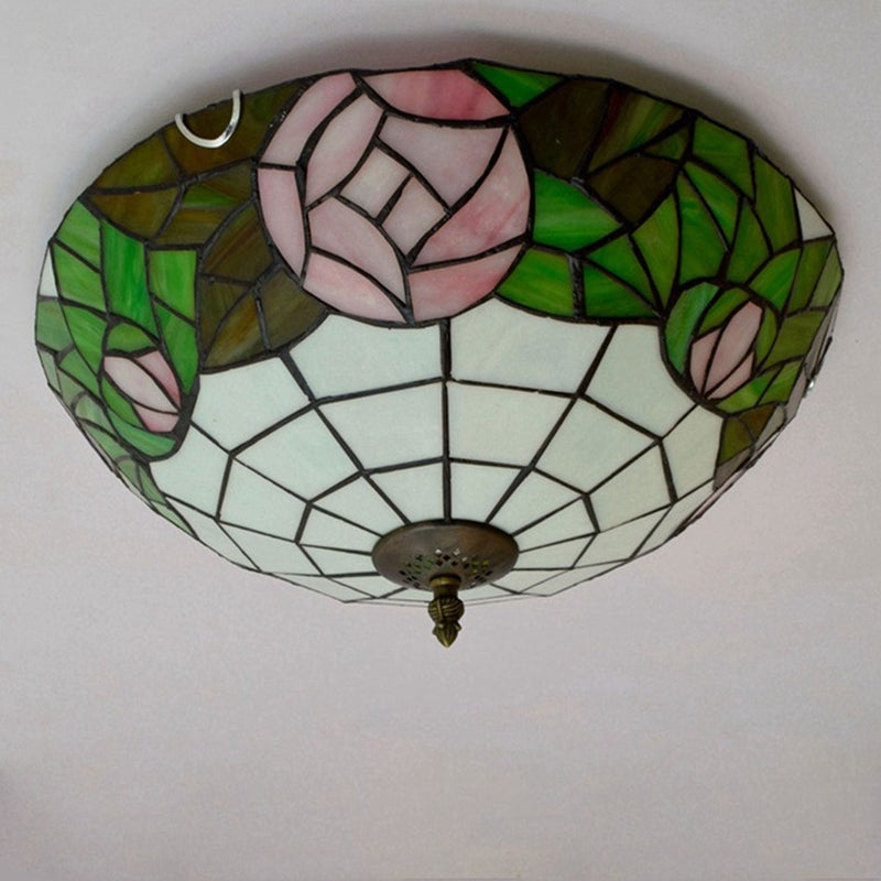 Tiffany European Retro Creative Stained Glass Rose Pattern Design 3-Light Flush Mount Light