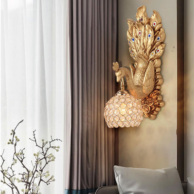 European Creative Peacock Resin Glass Shade 1-Light Wall Sconce Lamp