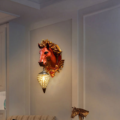 European Vintage Resin Horse Head Lantern 1-Light Wall Sconce Lamp