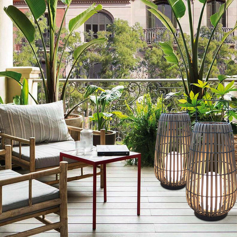 Moderne Rattan Weaving Oval Cage Outdoor Patio wasserdichte Stehlampe