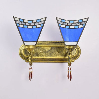 European Creative Tiffany Blue Glass Crystal 2-Light Wall Sconce Lamp