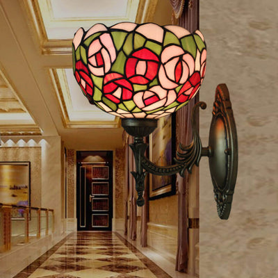 Tiffany Pink Rose Stained Glass Bowl 1-Light Wall Sconce Lamp