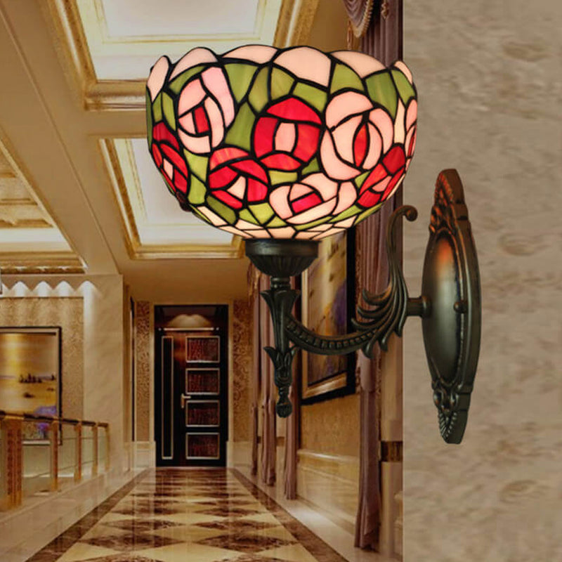 Tiffany Pink Rose Stained Glass Bowl 1-Light Wall Sconce Lamp