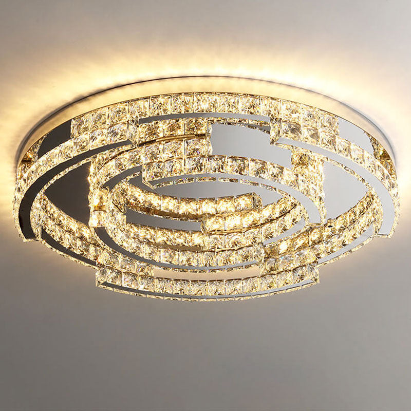 Round Simple Stainless Steel Crystal Multilayer Design LED Flush Mount Light