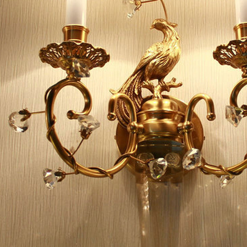 French Retro Full Copper Crystal 2-Light Wall Sconce Lamp