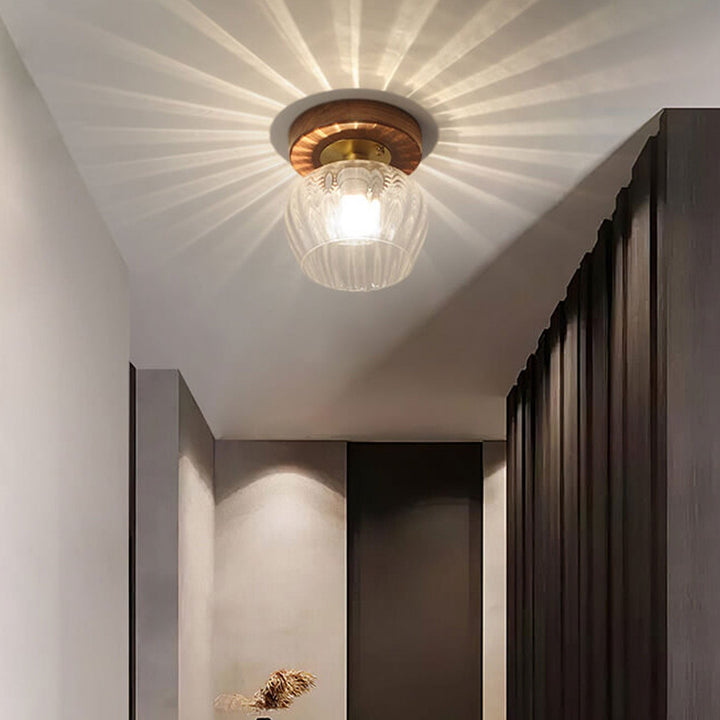 Luz de techo semiempotrada de 1 luz con base de madera y vidrio moderno en forma de cúpula 