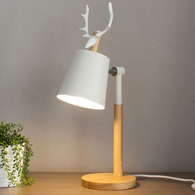 Lampe de table 1 lumière en bois et fer au design créatif nordique avec motif de renne 