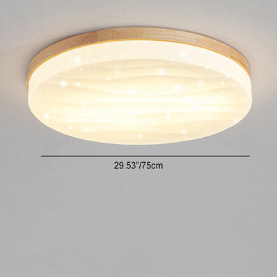 Modern Minimalist Solid Wood Edging PVC Round Shade LED Flush Mount Ceiling Light For Living Room