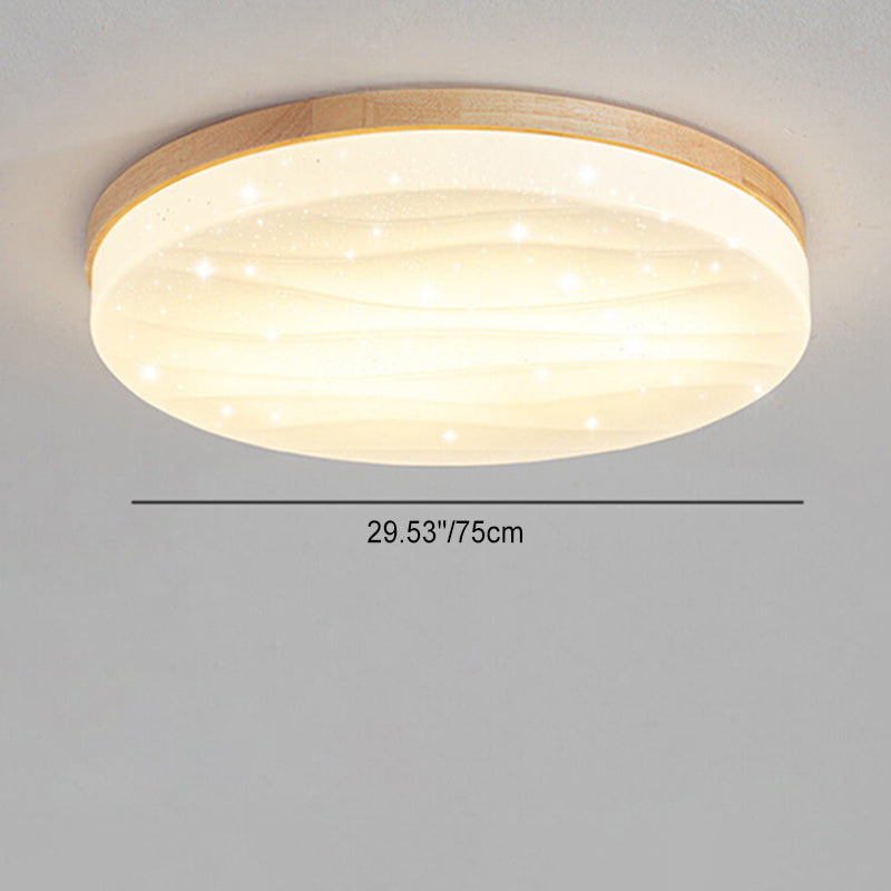 Modern Minimalist Solid Wood Edging PVC Round Shade LED Flush Mount Ceiling Light For Living Room