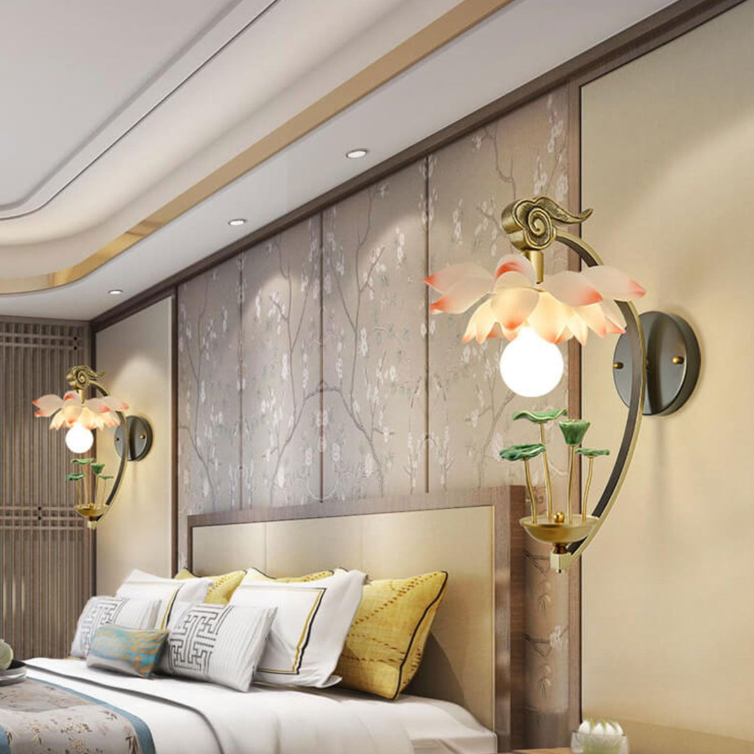 Applique murale moderne en céramique de lotus chinois à 1 lumière en résine 