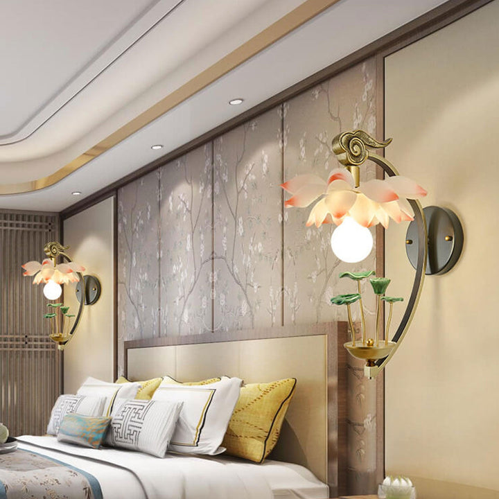Applique murale moderne en céramique de lotus chinois à 1 lumière en résine 