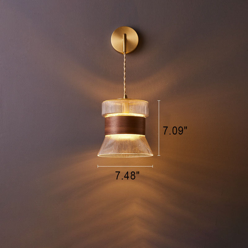 Traditional Japanese Walnut Glass  Copper Cylinder 1-Light Wall Sconce Lamp