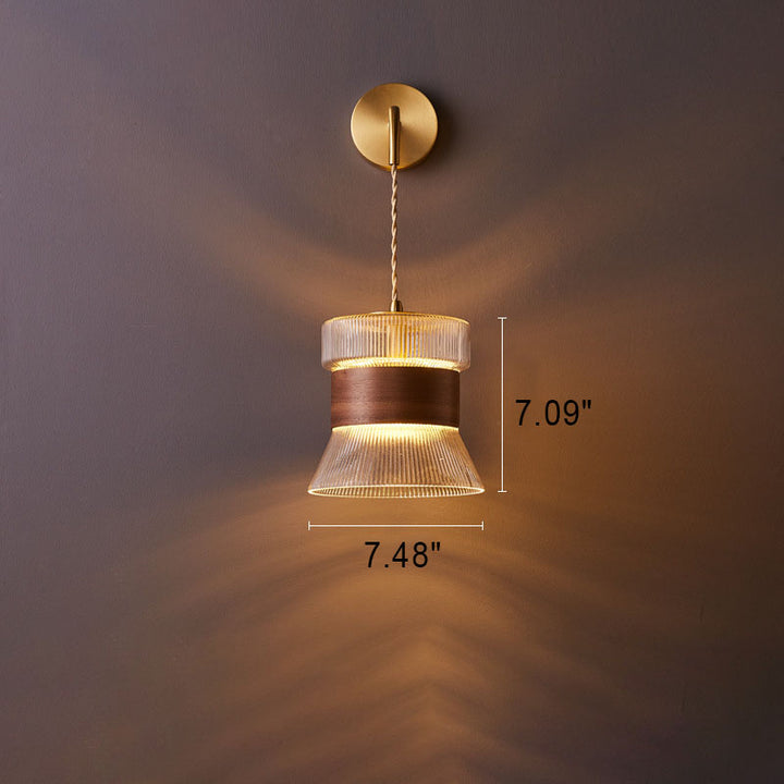 Traditional Japanese Walnut Glass  Copper Cylinder 1-Light Wall Sconce Lamp