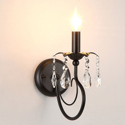 European Rustic Vintage Wrought Iron Crystal 1-Light Wall Sconce Lamp