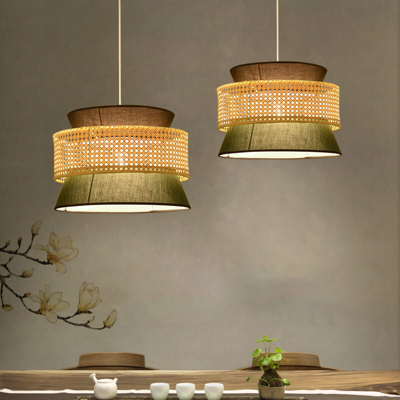 Suspension Luminaire Moderne en Rotin Japonais en Forme de Tambour à 1 Lumière 