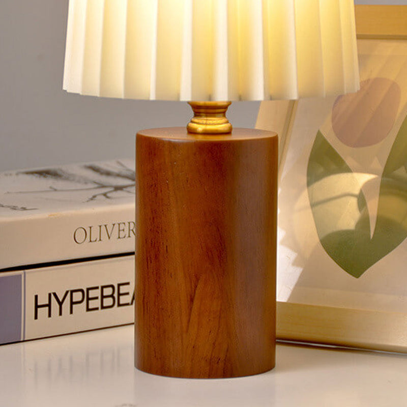 Vintage Korean Pleated Column Solid Wood Base 1-Light Table Lamp