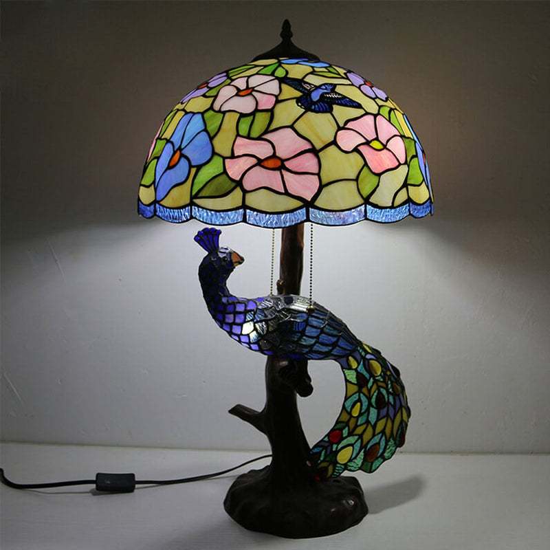 Tiffany Classical Flower Stained Glass Peacock Base 3-Light Table Lamp