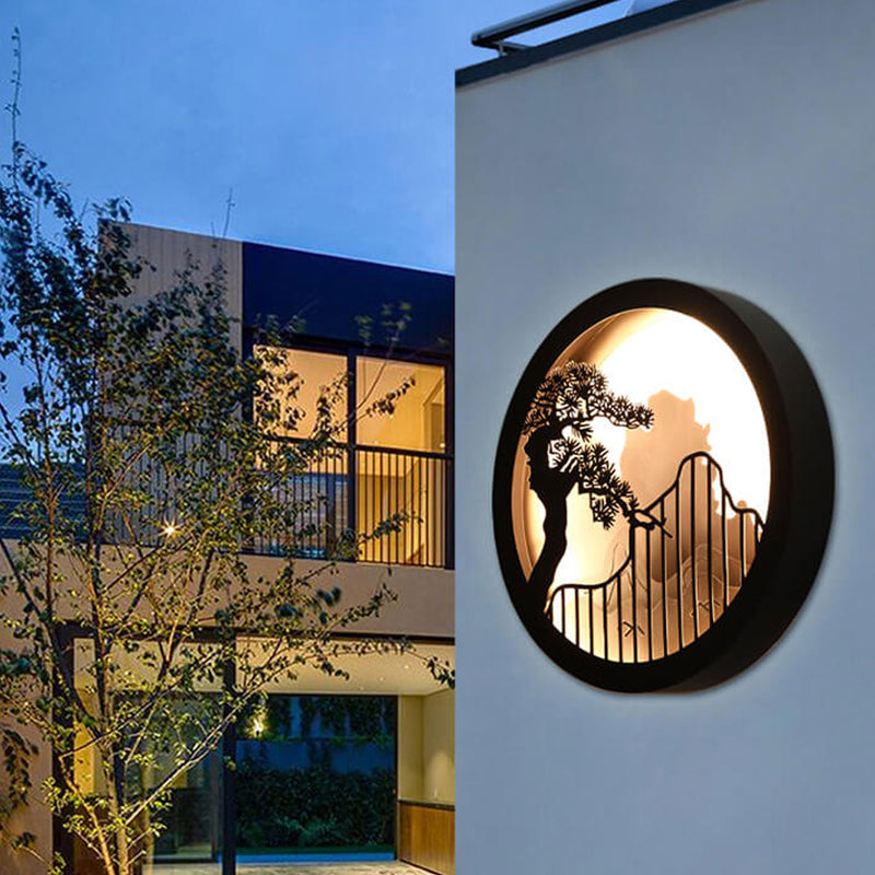 Applique murale LED extérieure ronde Zen paysage chinois moderne en pin 