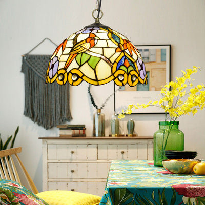 Tiffany Magpie Flower Stained Glass Dome 1-Light Pendant Light