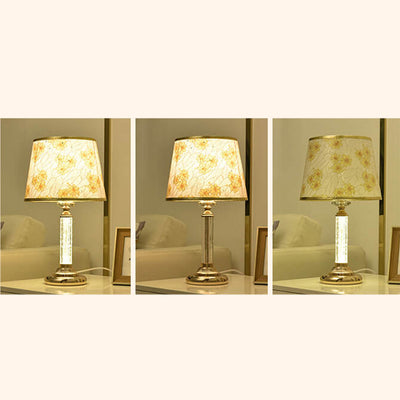 European Floral Fabric Shade Crystal Lamp Base 1-Light Table Lamp