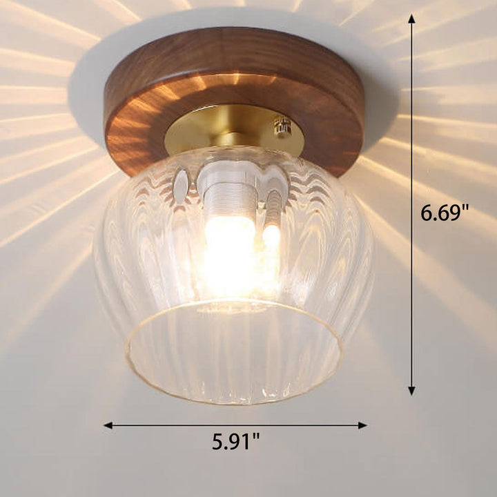 Luz de techo semiempotrada de 1 luz con base de madera y vidrio moderno en forma de cúpula 