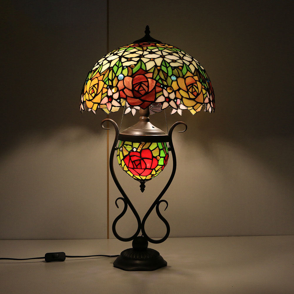 Traditional Tiffany Floral Stained Glass Iron Resin Round Pot 3-Light Table Lamp For Bedroom