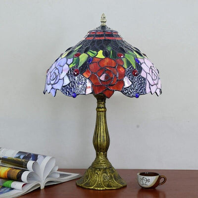 Vintage Tiffany Stained Glass Rose Rustic 1-Light Table Lamp