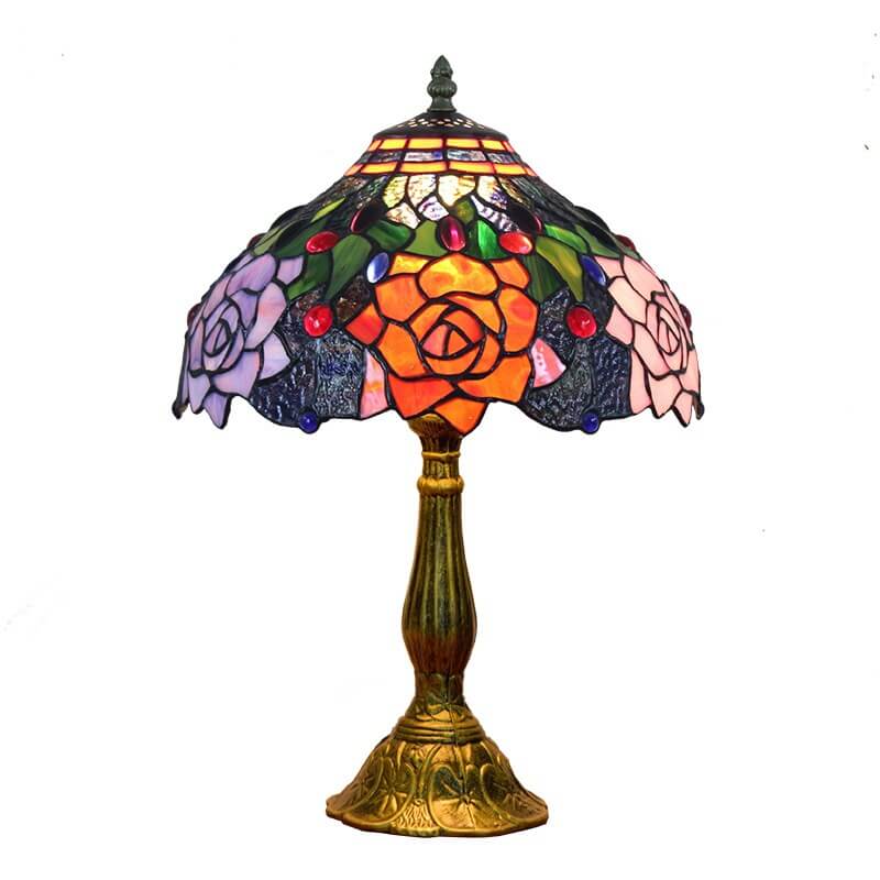 Vintage Tiffany Stained Glass Rose Rustic 1-Light Table Lamp