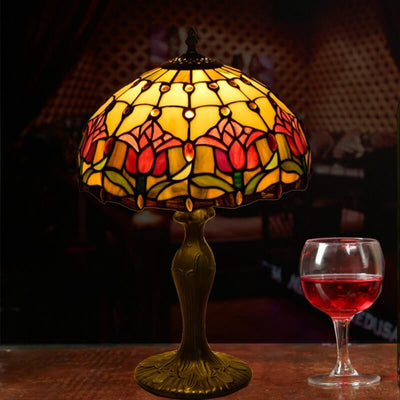 Tiffany Style Red Tulip Stained Glass 1-Light Table Lamp